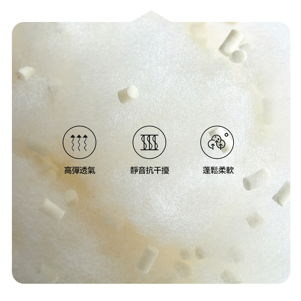 布洛森 L 型貓抓布沙發｜乳膠粒與聚酯棉靠枕填充材質展示