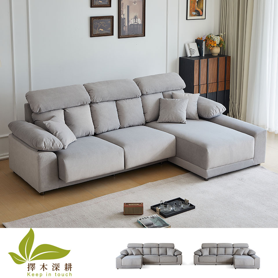 莫爾L型貓抓布沙發｜灰色 實景展示