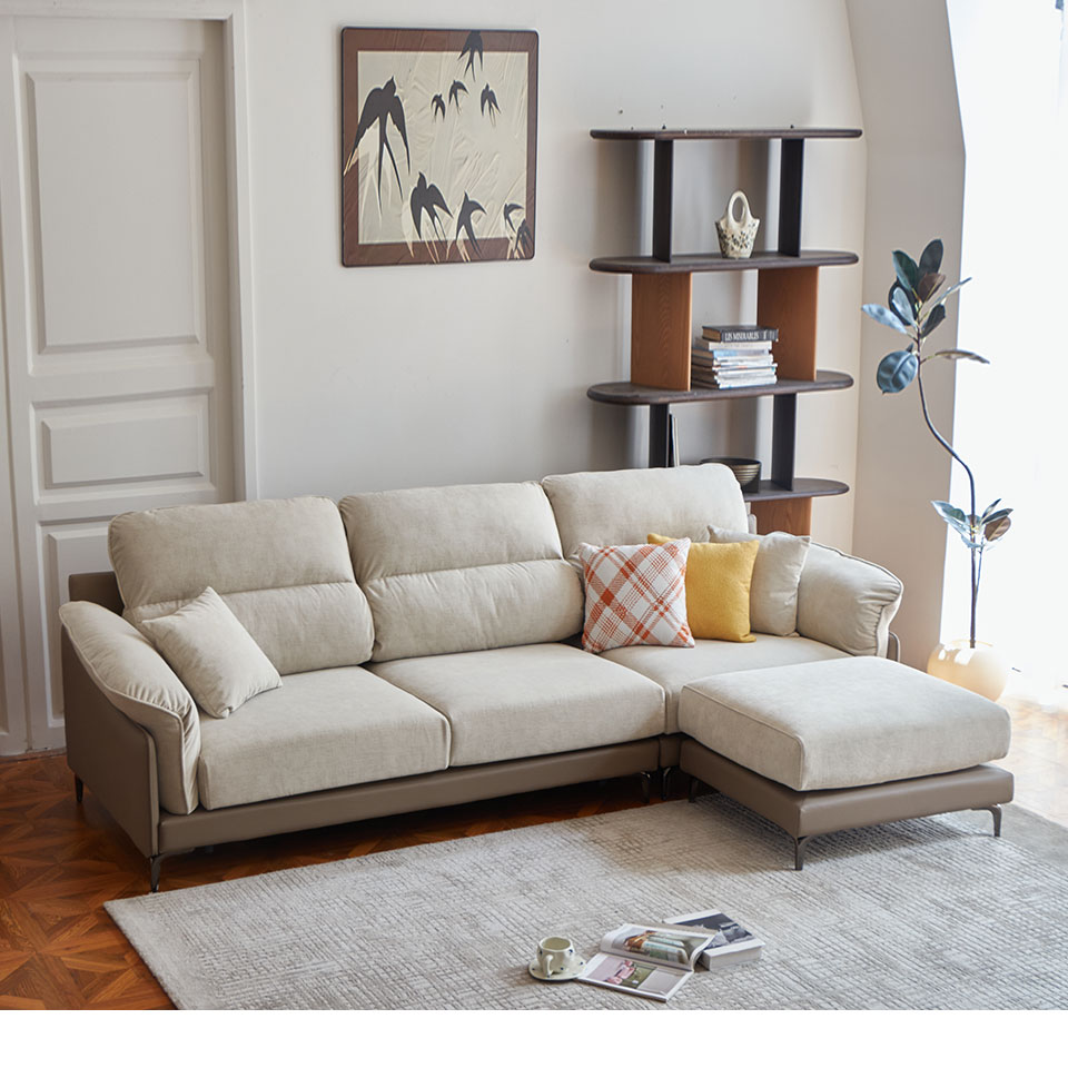 瑞拉L型貓抓布沙發｜側面角度展示 雙色搭配