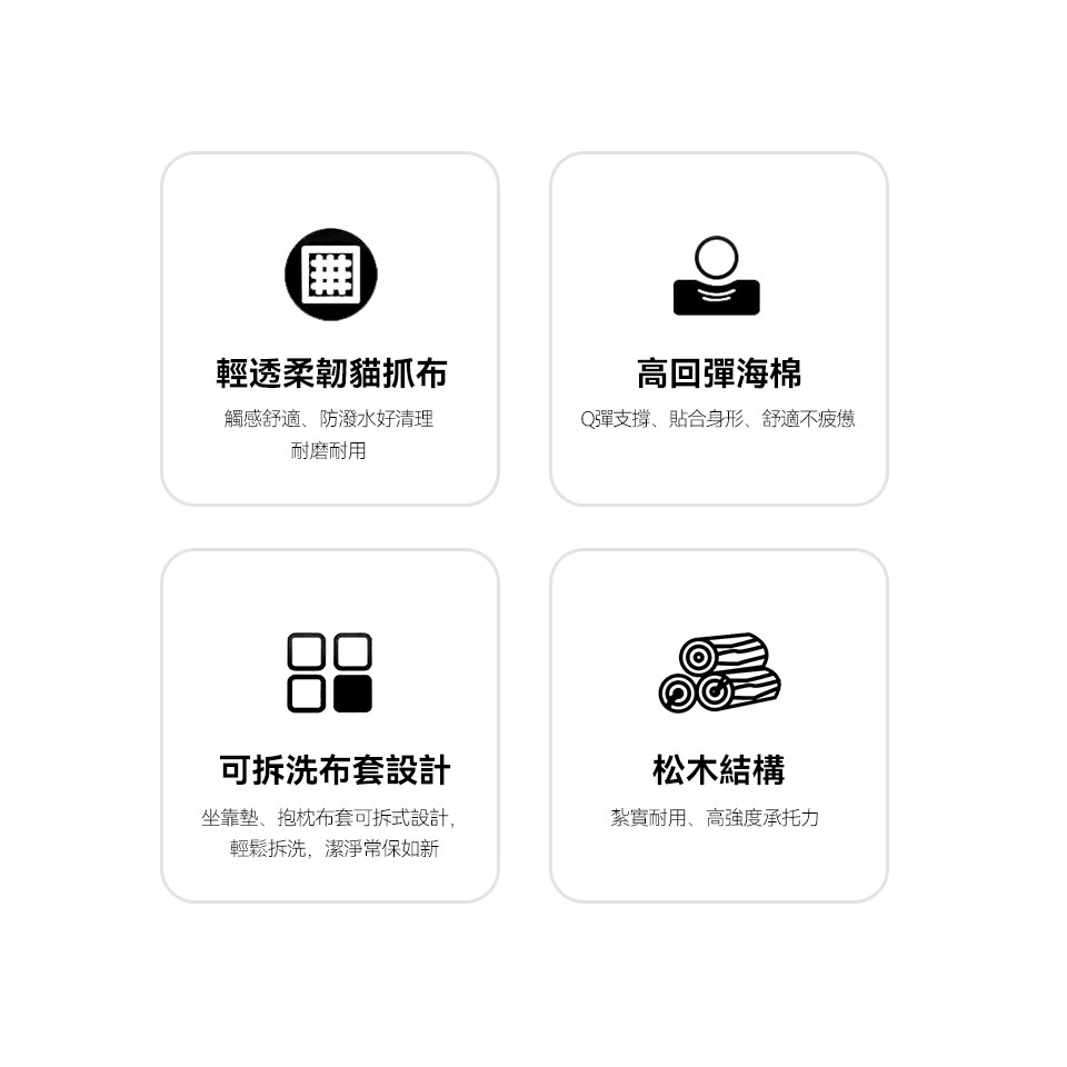 輕透柔韌貓抓布、高回彈海棉坐墊、可拆洗布套、松木骨架