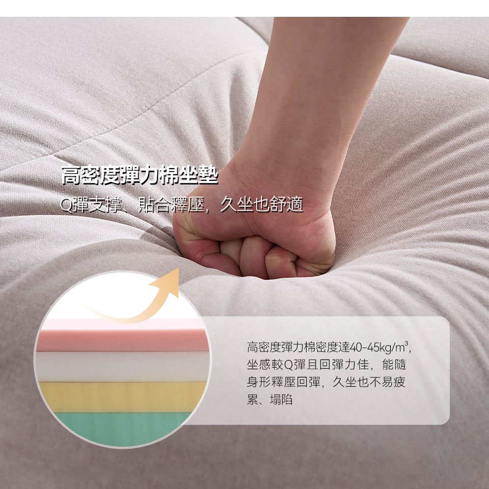 高密度彈力棉坐墊，彈性絕佳，帶給您超舒適的座感享受