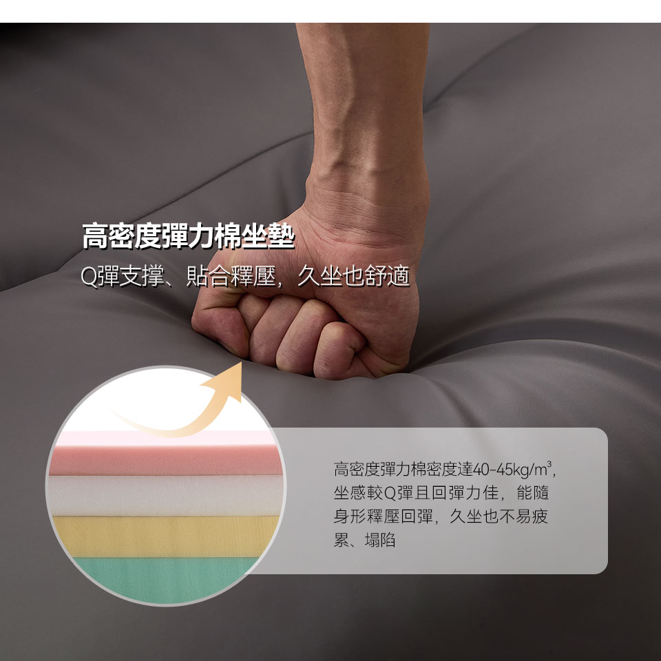 高密度彈力棉坐墊，彈性絕佳，帶給您超舒適的座感享受