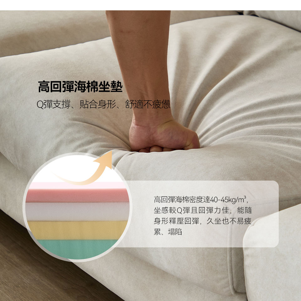 費爾南L型貓抓布沙發｜高回彈海棉坐墊介紹，提供穩定支撐