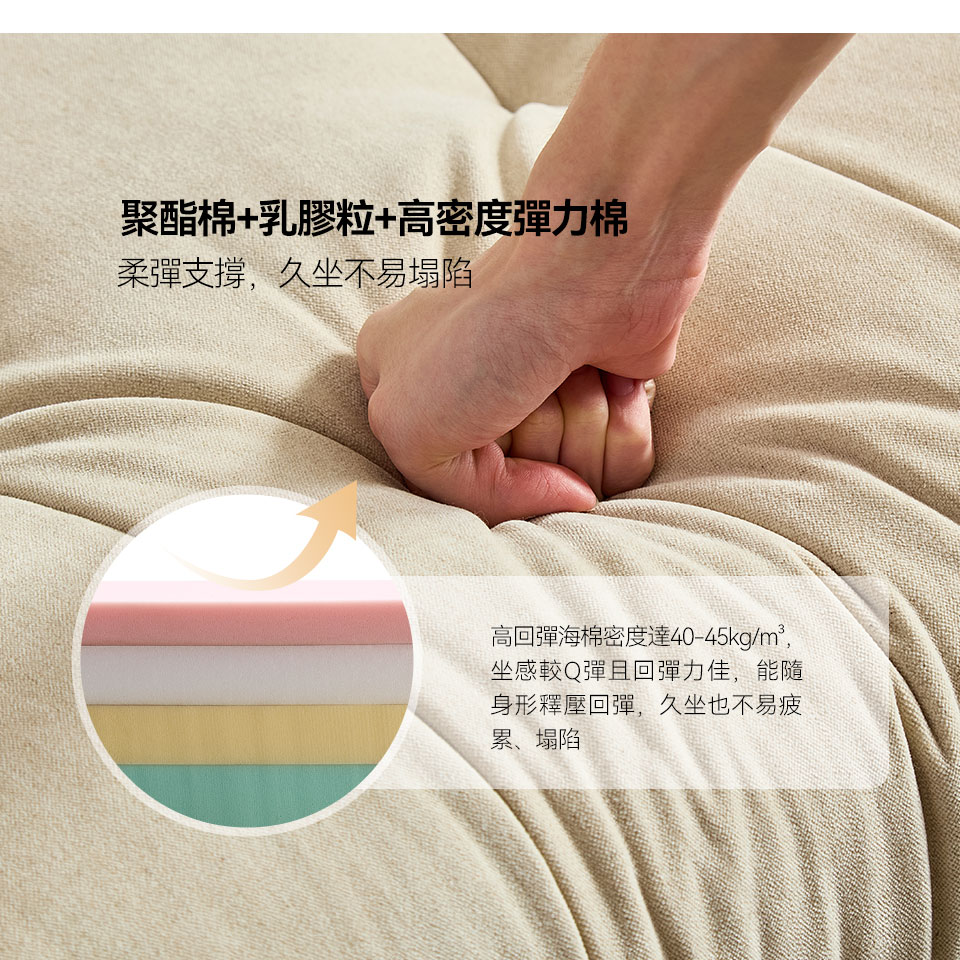 奧菲L型布沙發｜聚酯棉＋乳膠粒＋高密度彈力棉複合坐墊，柔彈支撐不易塌陷