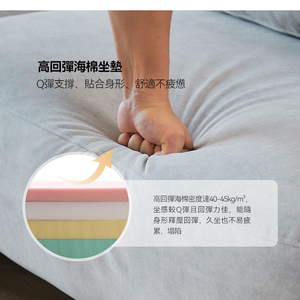 安德森一字型貓抓布沙發｜高回彈海棉坐墊介紹，提供舒適支撐