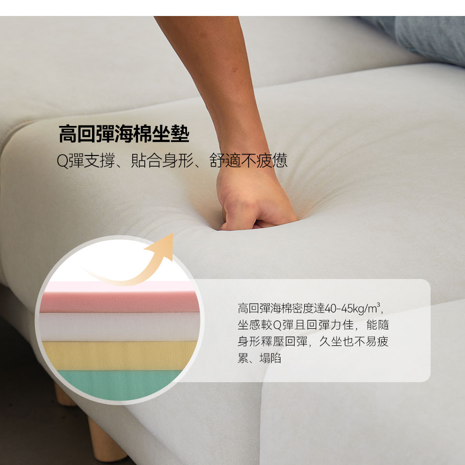 娜塔莉L型貓抓布沙發｜高回彈海棉坐墊介紹，提供舒適支撐
