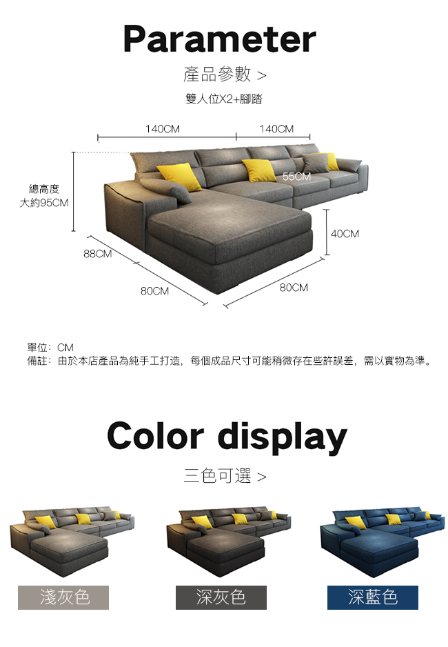 L型布沙發尺寸與配置示意圖，適合客廳空間規劃