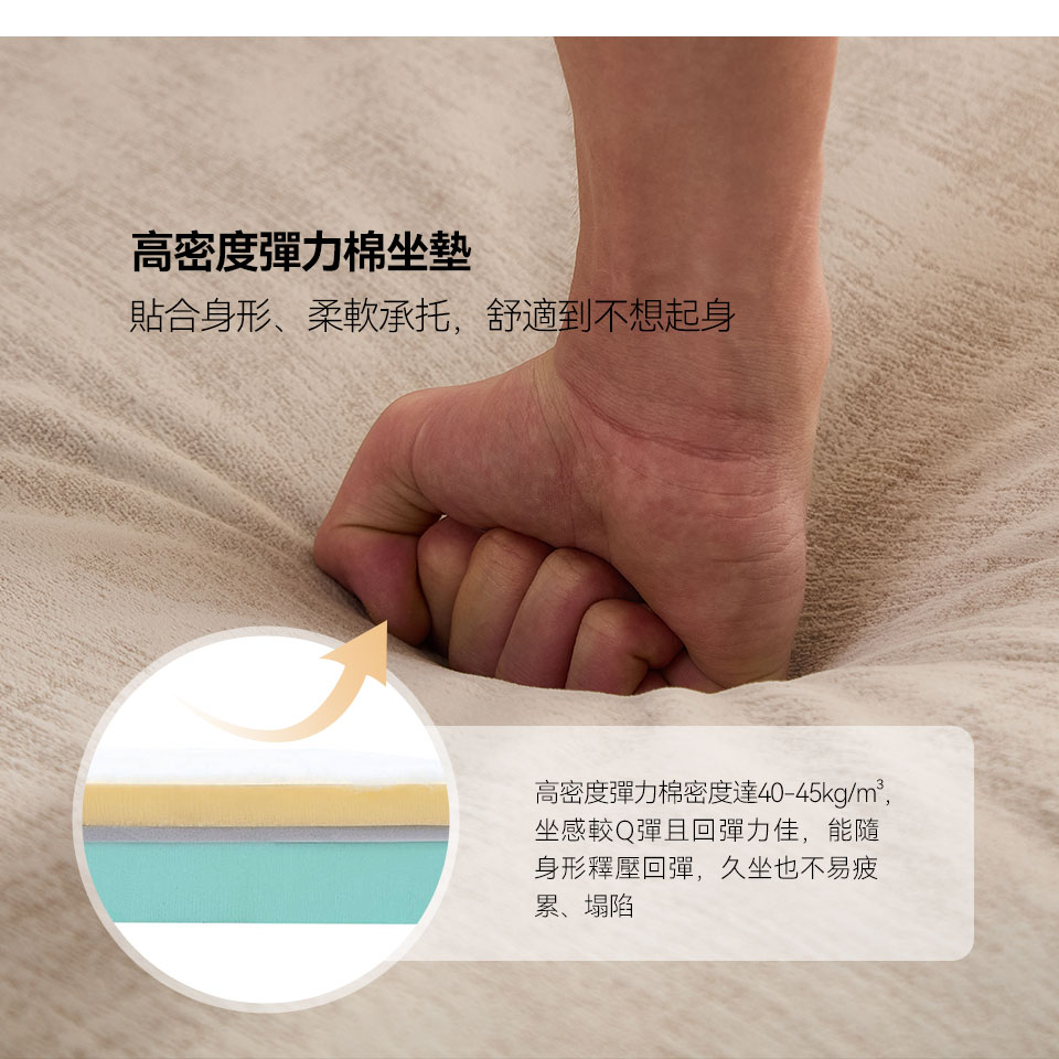 高密度彈力棉坐墊，貼合身形，柔軟承托