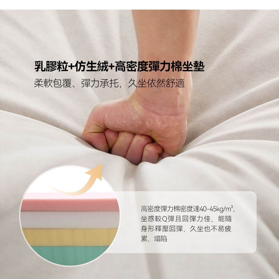 乳膠粒+仿生絨+高密度彈力棉坐墊，柔軟包覆，舒適承托