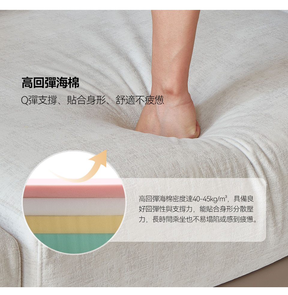 瑞拉L型貓抓布沙發｜高回彈海棉坐墊，Q彈支撐，貼合身形，舒適升級