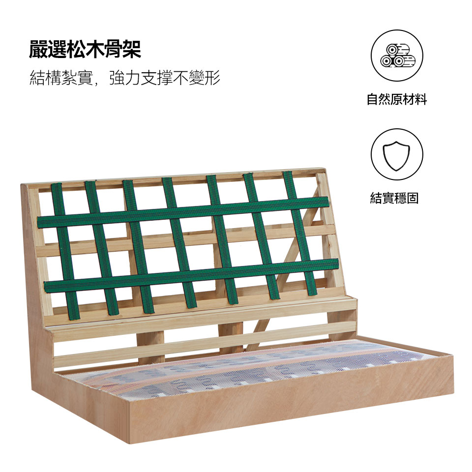 嚴選松木骨架，高強度承托力，結構穩固，使用更安心