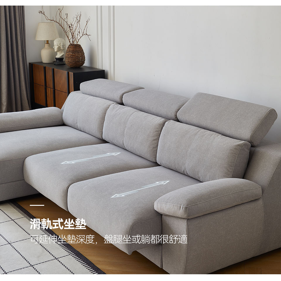 佐伊L型貓抓布沙發｜滑軌式坐墊，延伸深度更舒適