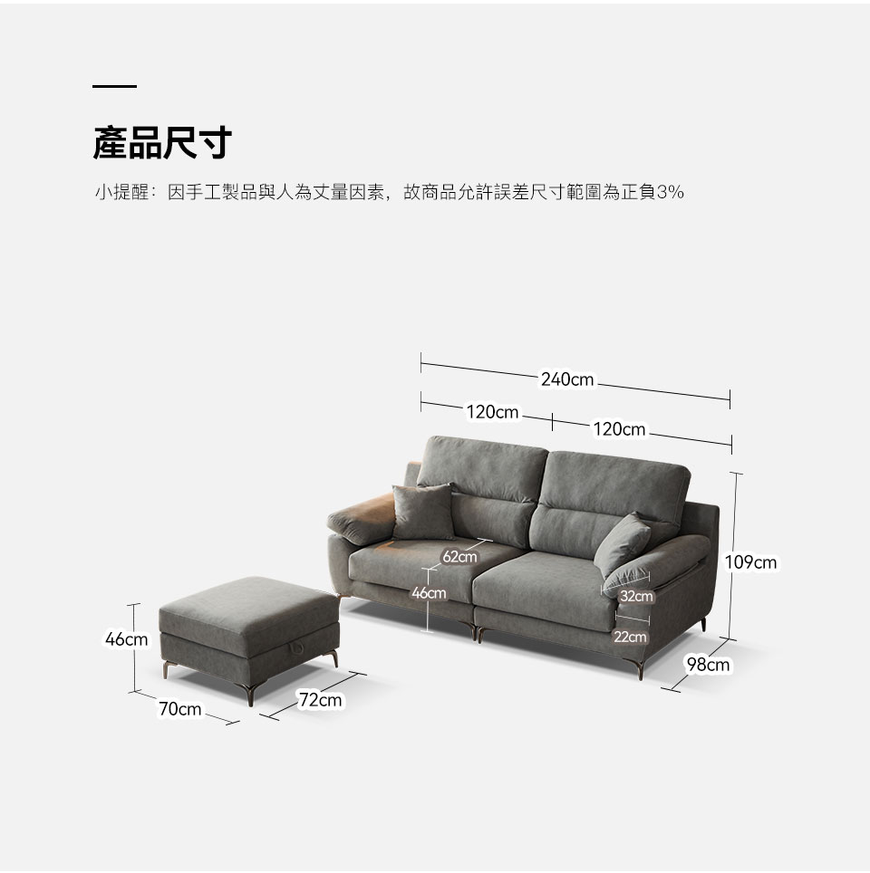 艾諾克L型貓抓布沙發｜沙發尺寸規格展示