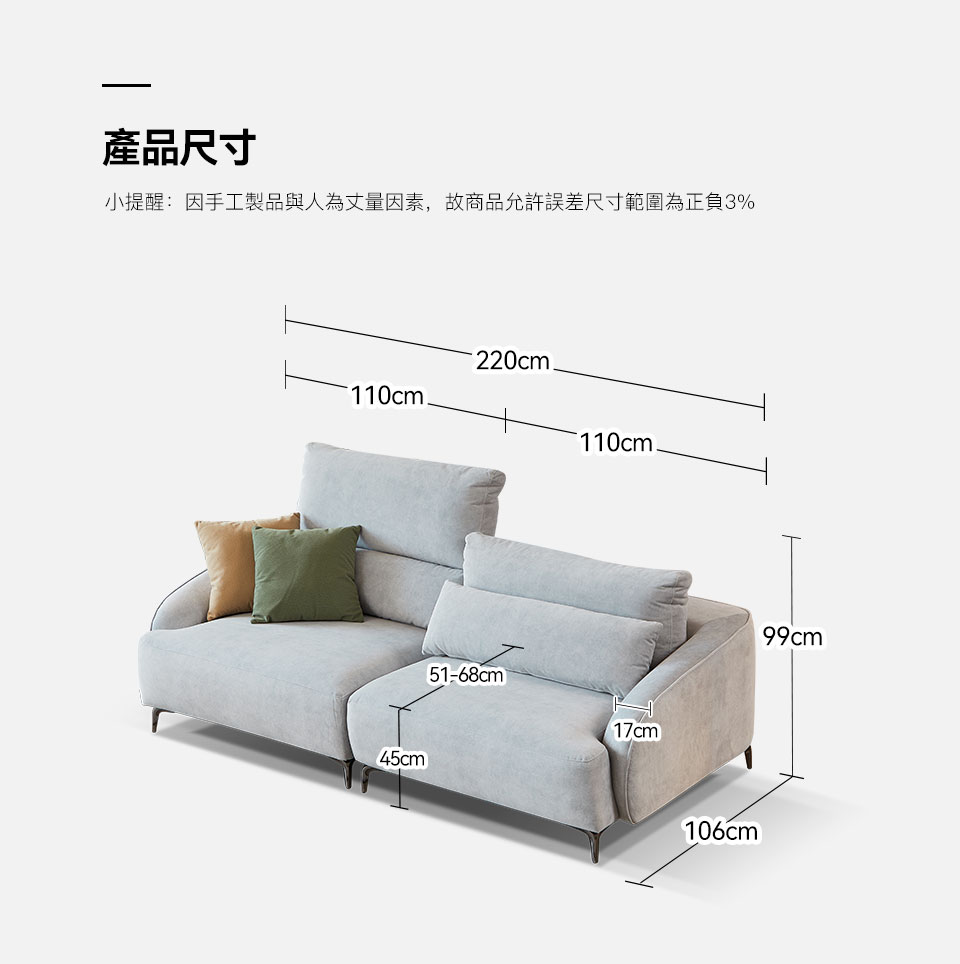 安德森一字型貓抓布沙發｜商品尺寸規格說明