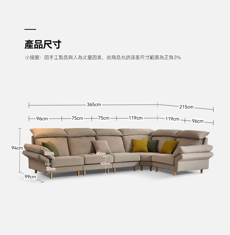 艾洛瓦貓抓布模組沙發｜詳細尺寸圖