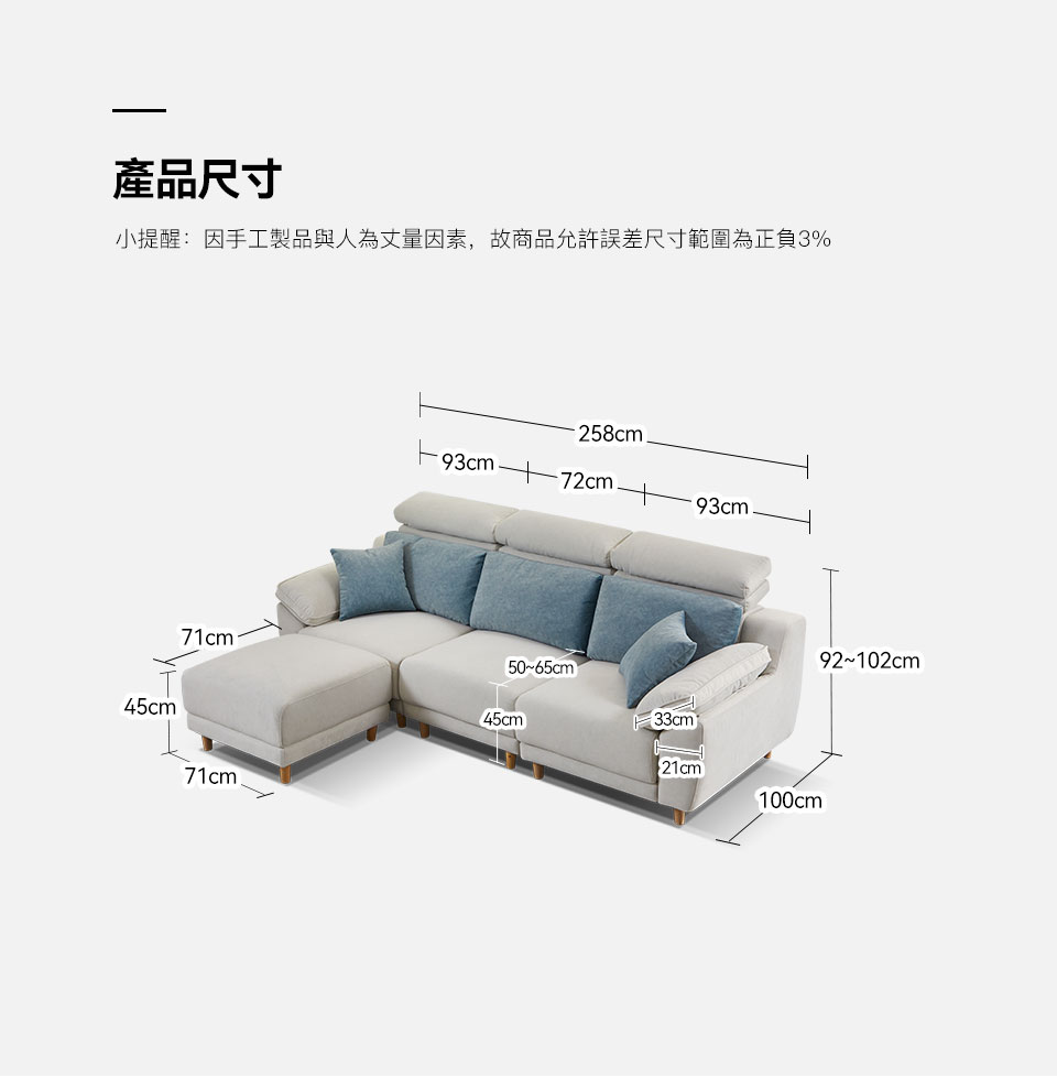 娜塔莉L型貓抓布沙發｜商品尺寸規格說明
