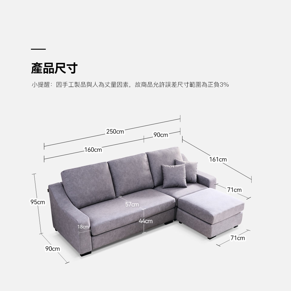 泰瑞莎L型布沙發尺寸圖