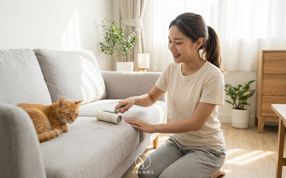 貓坐在沙發上，使用者用除毛刷清理貓抓布表面毛髮，呈現日常清潔與使用情境