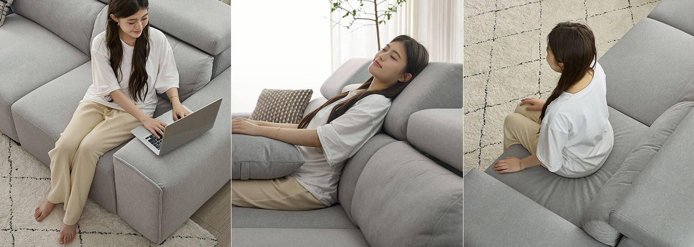 沙發試坐三步驟示意圖：坐下、靠背、起身檢查坐感