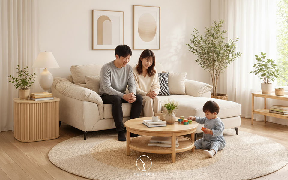 一家人在客廳實際使用沙發的生活感畫面：小坪數空間也能坐得很舒服