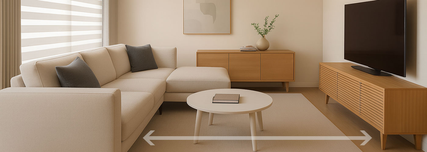 沙發到茶几距離、3 公尺牆 L 型沙發配置的客廳距離示意圖