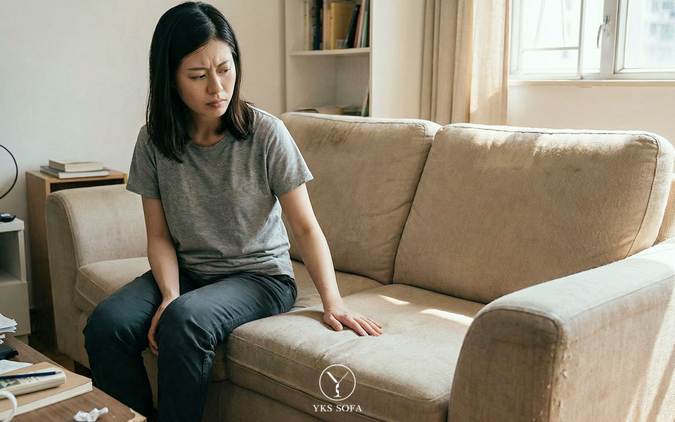 使用多年的舊沙發出現塌陷與磨損，一位使用者坐在上面觸摸坐墊，呈現換沙發前的真實使用狀態