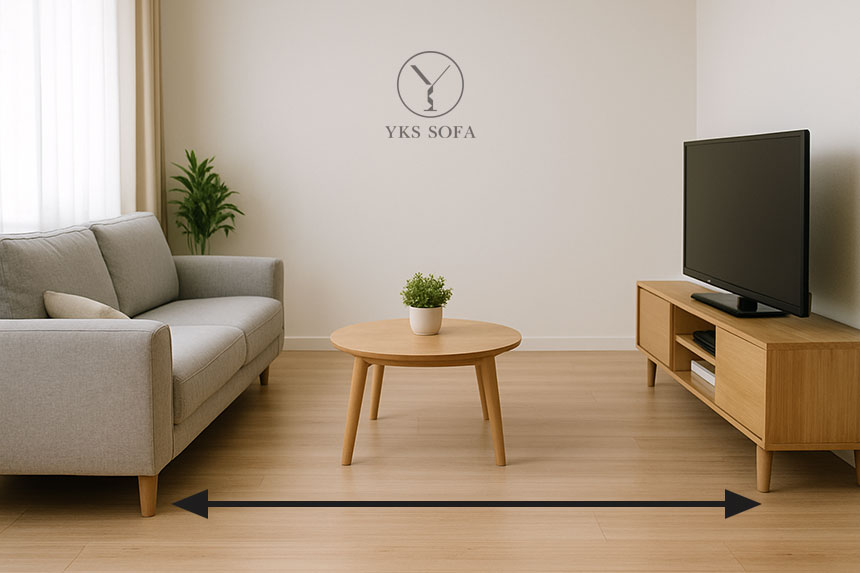 台中沙發選購前的尺寸量測示意圖｜電視牆與沙發距離