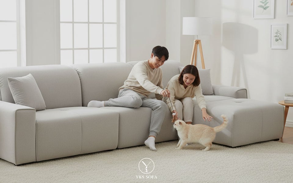 有貓家庭搭配貓抓布沙發的客廳示意圖