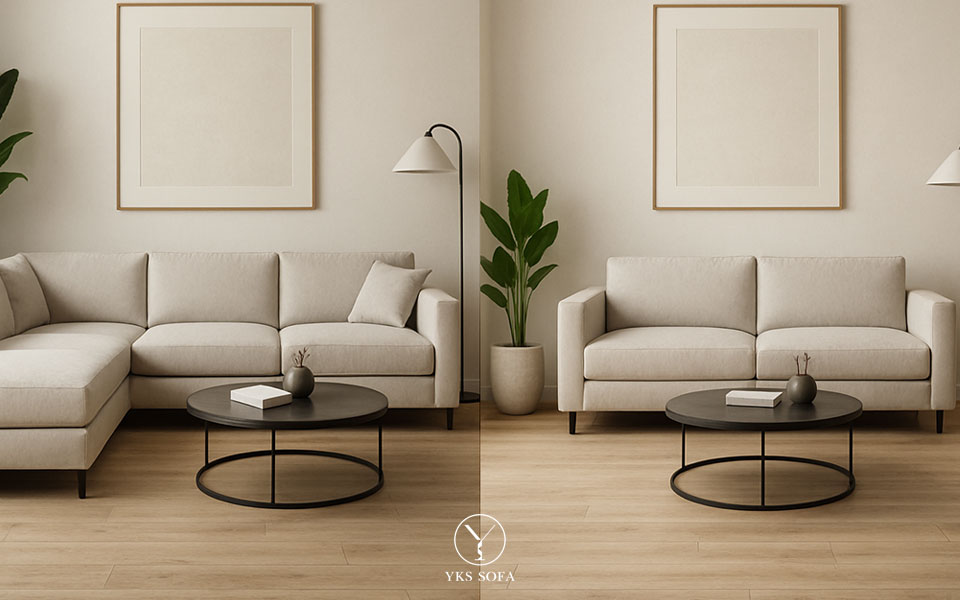 L 型沙發與三人沙發在客廳空間中的價格與配置差異示意圖