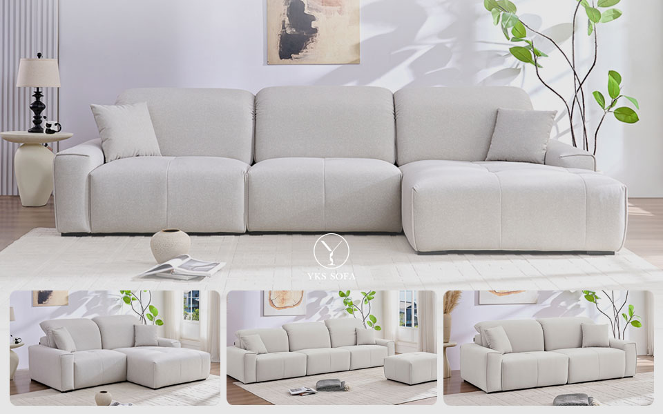 模組沙發多種組合示意：兩人座、三人座加腳椅與方向替換