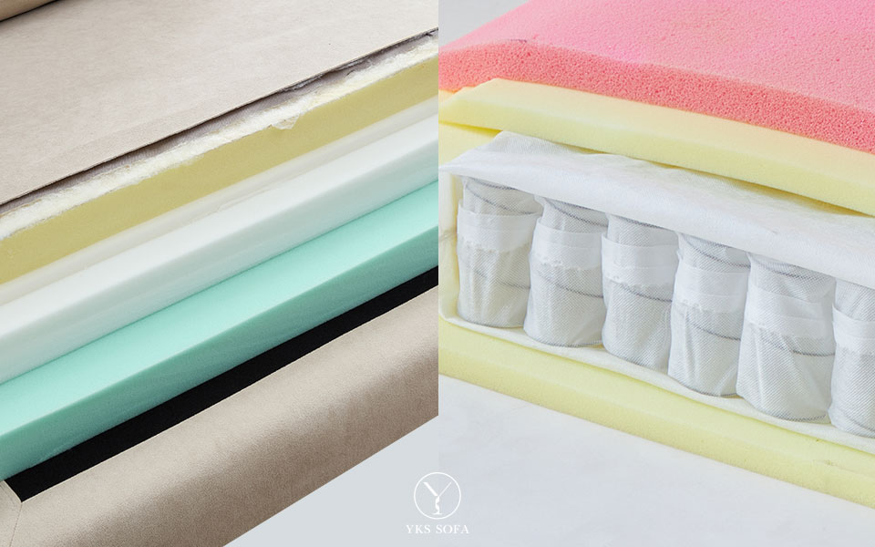 沙發坐墊內材結構示意：高密度泡棉、獨立筒、仿生絨羽絨棉等