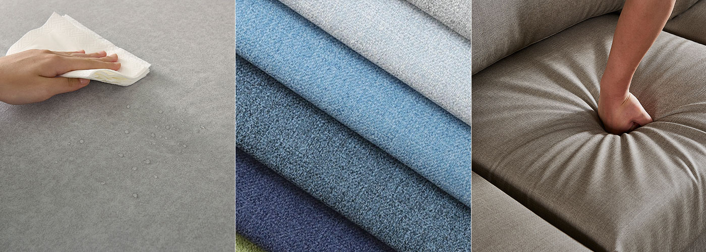 YKS 貓抓布、涼感布與貓抓皮三款沙發材質的特寫比較